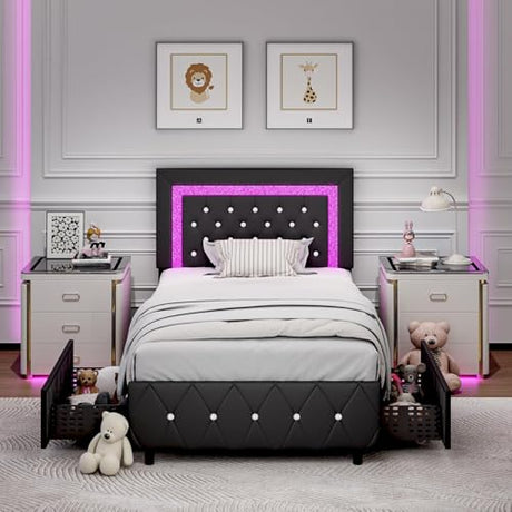 BarnFurin Twin Bed Frames with LED Lights and Storage Drawers, Upholstered Bed Frame with Diamond Headboard, Faux Leather Modern Platform Bed, Wooden Slats Support, No Box Spring Needed, Black BarnFurin
