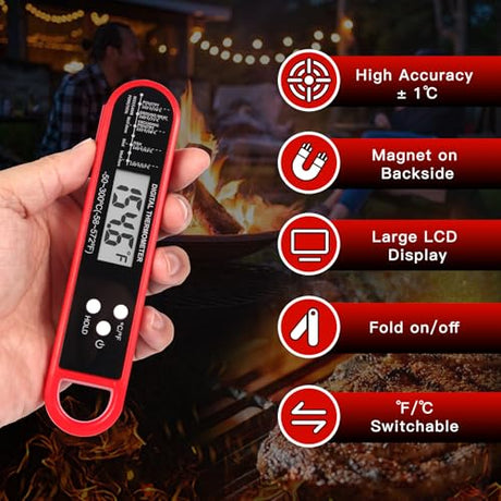Digital Meat Thermometer for Cooking and Grilling - Instant Read Food Thermometer with IP67 Waterproof, Strong Magnet and Calibration-Professional Kitchen BBQ Probe for Turkey, Steak, Gift for Men/Dad FDK