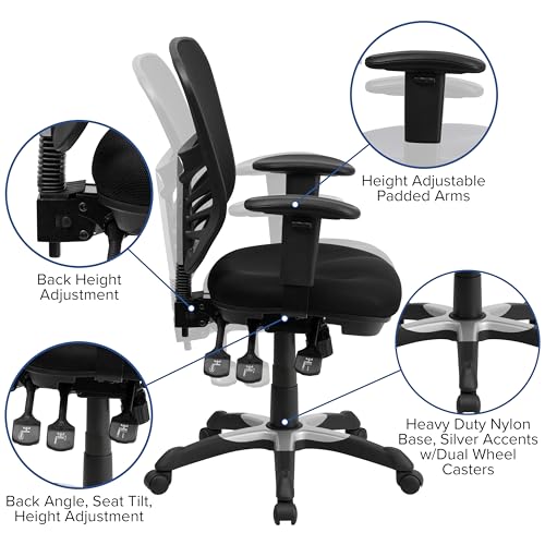 Flash Furniture Nicholas Mid-Back Swivel Desk Chair with Wheels, Mesh Back, Padded Seat, and Armrests, Adjustable Height Mesh Ergonomic Office Chair, Black Flash Furniture