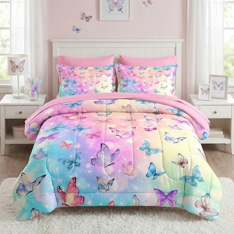 Pamnest Comforter Set Twin Size, Pink Blue Butterfly 5 Pcs Bedding for Kids and Adults, Purple Colorful Rainbow Bed Sheet Sets with Fitted Sheet Pillowcase & Sham for Bedroom Bed Decor Pamnest