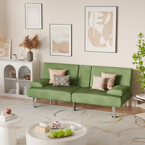 YESHOMY Futon Sofa Bed, Futon Couch with Adjustable Backrest, Convertible Sleeper Sofa with Removable Armrests, Loveseat in Corduroy with 2 Cup Holders for Living Room, Apartment (Green) YESHOMY