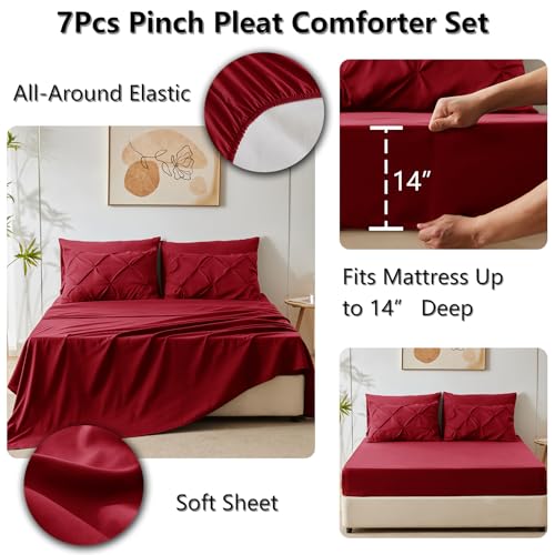 CozyLux King Size Comforter Set Dark Red, 7 Pieces Pintuck Bed in A Bag Red Comforter King Size, Pinch Pleat Bedding Set with All Season Comforter, Sheets, Pillowcases & Shams CozyLux