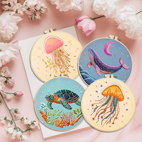 ACRNIGHEET 6PCS Embroidery Kit for Adults Beginners, Sea Animals Embroidery Starter Kit, Stamped Cross Stitch Kits for Crafts Lovers Gift Idea, Include Instructions 6 Stamped Embroidery Cloth 2 Hoop