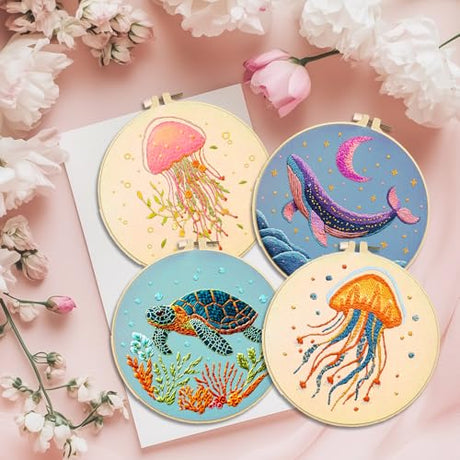 ACRNIGHEET 6PCS Embroidery Kit for Adults Beginners, Sea Animals Embroidery Starter Kit, Stamped Cross Stitch Kits for Crafts Lovers Gift Idea, Include Instructions 6 Stamped Embroidery Cloth 2 Hoop ACRNIGHEET