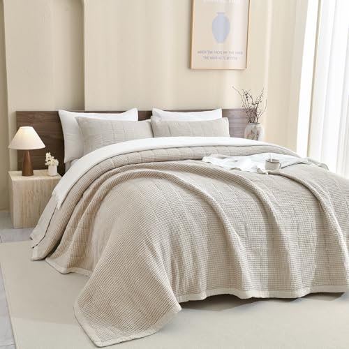 Sanracie Cotton Oversized King Bedspread(120"x120"),Wheat Waffle Weave Quilt Set 3Pcs Soft Lightweight Farmhouse Oversized King Quilt Bedding Set,Luxury Bedding Coverlet for All Seasons Sanracie