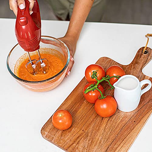 OVENTE Portable 5 Speed Mixing Electric Hand Mixer with Stainless Steel Whisk Beater Attachments & Snap Storage Case, Compact Lightweight 150 Watt Powerful Blender for Baking & Cooking, Red HM151R OVENTE