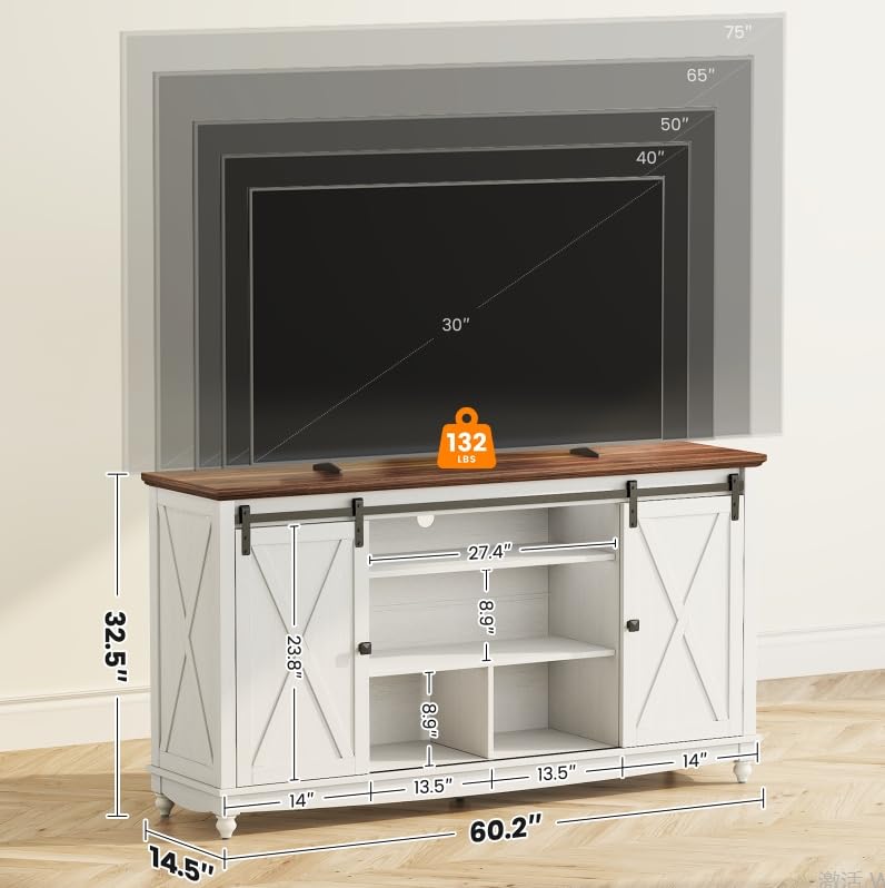 Farmhouse TV Stand for 65 75 Inch TV, 32" Tall Entertainment Center with Storage Cabinets and Barn Door, White Console Table with 3 Open storage shelve, Wood TV Console Table for Living Room, Bedroom ALLSTAND