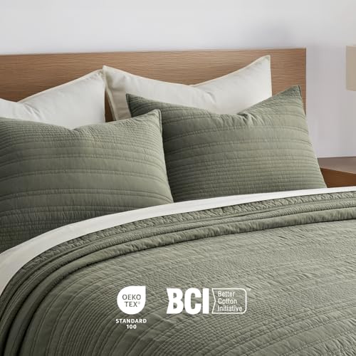 EVERGRACEHOME 100% Cotton Modern Lines Quilt Set Queen Size, Pre-Washed Soft Striped Coverlet Bedspread, 3 Piece Lightweight Bedding Set for All Season, with 2 Pillow Shams, Olive Green EVERGRACEHOME