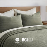EVERGRACEHOME 100% Cotton Modern Lines Quilt Set Queen Size, Pre-Washed Soft Striped Coverlet Bedspread, 3 Piece Lightweight Bedding Set for All Season, with 2 Pillow Shams, Olive Green EVERGRACEHOME