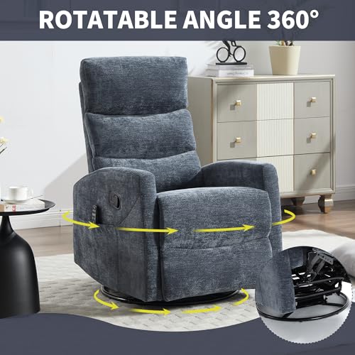PELUMY 360° Swivel Rocker Recliner with Heat & Vibration Massage, Glider Rocking Chair for Adults, Compact Recliner for Living Room, Small Spaces, Nursery, Bedroom (Chenille, Blue)
