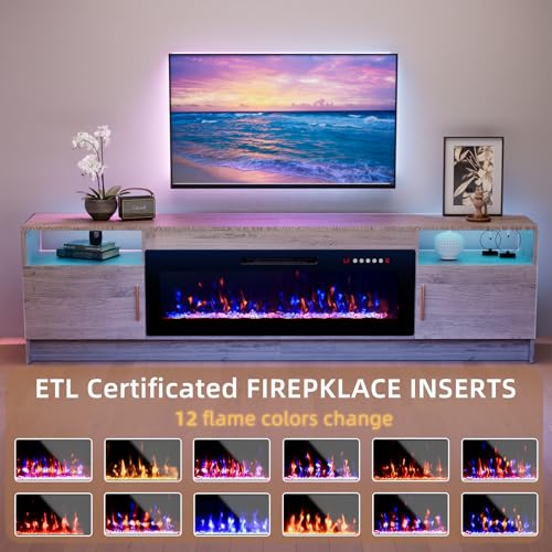 BREEZEHEAT Electric Fireplace TV Stand with 42 inch Fireplace Up to 90" TVs-Led Entertainment Center, High Glossy Doors-80 inch TV Cabinet，Modern Media Console for Living Room (Oak Grey) BREEZEHEAT