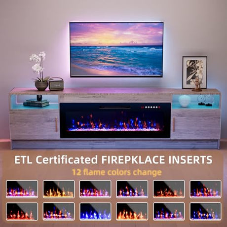 BREEZEHEAT Electric Fireplace TV Stand with 42 inch Fireplace Up to 90" TVs-Led Entertainment Center, High Glossy Doors-80 inch TV Cabinet，Modern Media Console for Living Room (Oak Grey) BREEZEHEAT