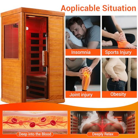 Bowear Far Infrared Sauna for 1-2 Person, 110V 1120W Indoor Home Sauna with Bluetooth Audio, 7 Colors Light Therapy, Reading Lamp, Time & Temperature Adjustable, Oguman Wood Dry Sauna Bowear