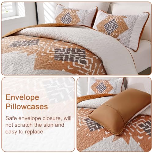 Dintszyayue Boho Queen Quilt Set 3 Pieces Aztec Texture Bedspread Coverlet Set Bohemian Quilt Bedding Set Microfiber Lightweight Bed Cover for All Seasons (Terracotta, 90"×96") Dintszyayue