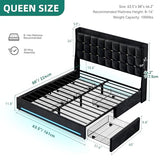 YITAHOME Queen Size Bed Frame with 4 Drawers and RGB LED Lights, Velvet Upholstered Platform Bed with Charging Station and Storage Headboard, No Box Spring Needed, Easy Assembly, Black YITAHOME