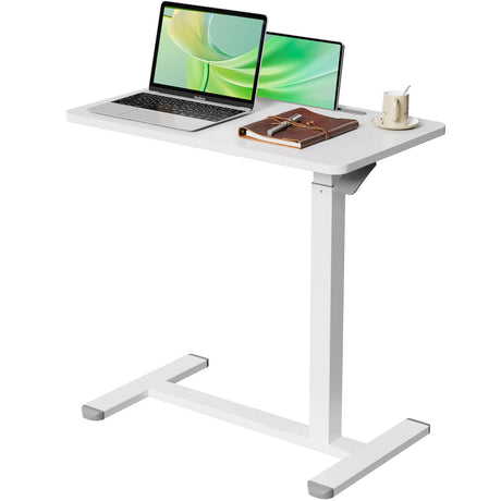 Gibbon Mounts Mobile Standing Desk, Pneumatic Adjustable Rolling Desk(27.5 Inches), Portable Laptop Desk with Wheels, Overbed Bedside Table Laptop Table for Couch, Home, Office, White Gibbon Mounts