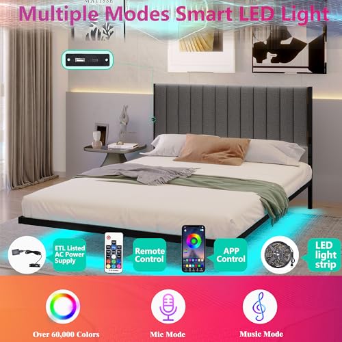 ARFARLY Floating Bed Frame Full Size with LED Lights and Charging Station, Full Size Bed Frame with Upholstered Headboard, Metal Platform Bed Frame Full with Under Bed Storage, No Box Spring Needed ARFARLY