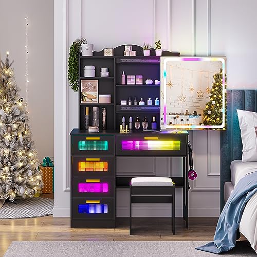 WOOVIVS Vanity Desk with Lights and Sliding Vanity Mirror, Makeup Vanity Desk with Charging Station, Vanities Dressing Table with Stool, LED Vanity Set with Large Drawers&Shelves for Bedroom, Black WOOVIVS