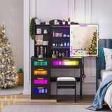 WOOVIVS Vanity Desk with Lights and Sliding Vanity Mirror, Makeup Vanity Desk with Charging Station, Vanities Dressing Table with Stool, LED Vanity Set with Large Drawers&Shelves for Bedroom, Black WOOVIVS