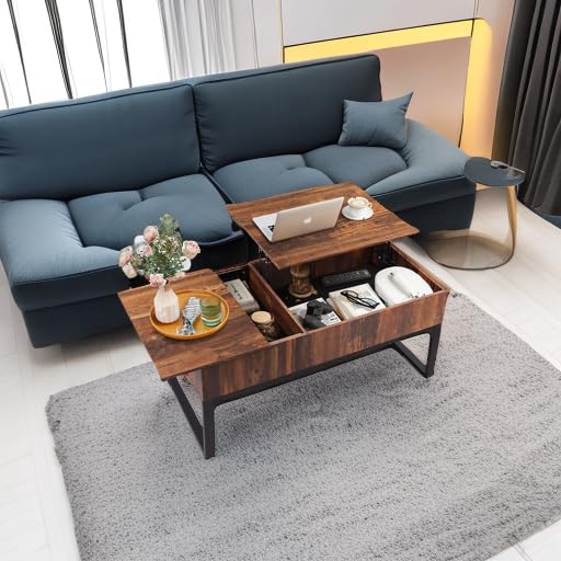 WLIVE Lift Top Coffee Table with Storage, 40.9" Coffee Table with Lifting Top & Sliding Top, Wood Modern Center Table with 2 Hidden Compartment for Living Room, Retro Brown WLIVE