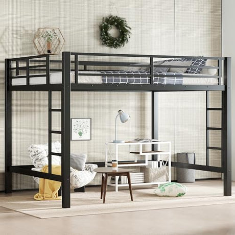 Bellemave Loft Bed Queen Size, Heavy Duty Loft Bed Frame with 2 Build in Ladder and Full Length Guardrail, Easy Assemble, Noise Free Design, No Box Spring Needed, Black Bellemave