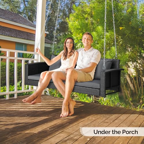 VINGLI Heavy Duty 800 LBS Wicker Hanging Porch Swing with Cushions & Chains, 5FT Outdoor Rattan Swing Bench for Garden, Yard, Lawn (Black) VINGLI
