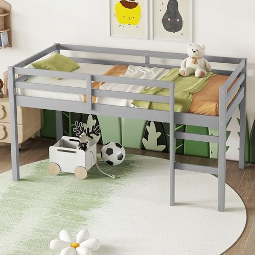 Bellemave Twin Size loft Bed for Kids, Kids loft Bed with Ladder, Wooden loft Bed for Kids, Low loft Bed, Gray