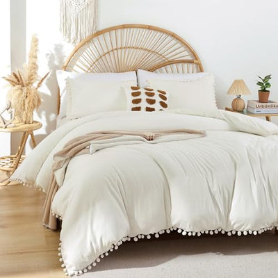 YIRDDEO Ivory Queen Ball Pom Fringe Comforter Set 3pcs, Boho Off White Aesthetic Luxurious Queen Bedding Set 3 Pieces, Vintage Ultra Soft Microfiber Comforter Set