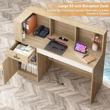 55" Reception Desk with LED Lights Power Outlets,L-Shaped Modern Front Table Reception Room Table with Cable Grommet,Lockable Drawers,Retail Checkout Counter for Lobby,Salon,Home Office Desk,Oak Hlivelood