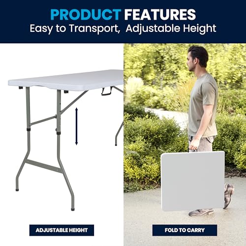 Flash Furniture Kathryn 5' Rectangular Plastic Folding Event Table with Carrying Handle, Bi-Fold Portable Banquet Table for Indoor/Outdoor Events, White Flash Furniture