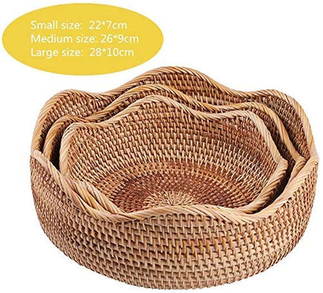 AMOLOLO Handmade Rattan Round Fruit Basket Food Storage Bowls Kitchen Organizer Snack Serving Bowl Wavy Edge Circle Tray Basket, Boho Home Décor Display Tray for Table, Dining Room (Medium 10.2") amololo