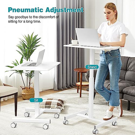 DUMOS Mobile Small Standing Desk, Portable Rolling Laptop Desk with 2 Lockable Wheels, Adjustable Height Computer Workstation for Home Office, 19 Inch White DUMOS