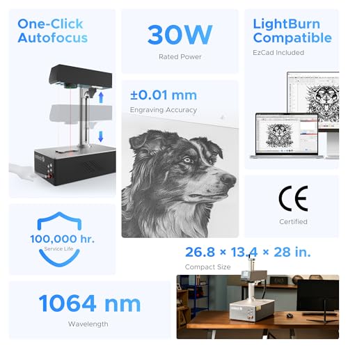 OMTech 30W Autofocus Fiber Laser Marking Machine with Lightburn, Fiber Laser Engraver for Metal Marking, 6" x 6" Workbed Fiber Laser Engraver Cutter with EzCad, 100,000 hr. Life,Metal Etching Machine OMTech