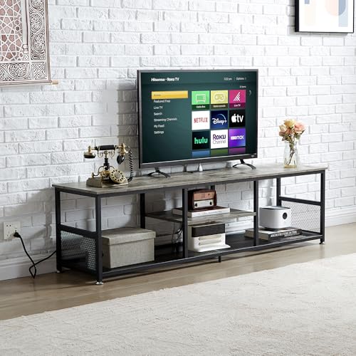 VECELO TV Stand with Power Outlets for Televisions up to 80Inch, 70" Media Entertainment Center with Charging Station 3-Tier Open Storage Shelves with Metal Frame for Living Room/Bedroom，Grey