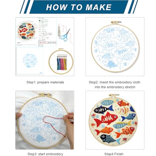 Zhenqing Colorful Fish Embroidery Kit for Beginners - Complete Set with Pre-Printed 29x29cm Cotton Fabric, Hoop, Threads & Tools (C0059)