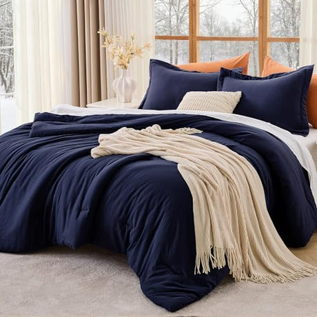 MUXHOMO Queen Comforter Set, All Season Ultra Soft Down Alternative Bedding - 3 Piece Lightweight Bed Set Includes 1 Comforter (90"x90") and 2 Pillow Shams (20"x26"), Navy Blue MUXHOMO