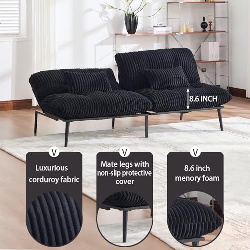 Tocsuna Corduroy Convertible Futon Sofa Bed – Folding Iron Frame Sleeper Couch with Adjustable Backrest, Loveseat Recliner for Living Room, Apartment,(Black) Tocsuna