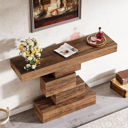 Tribesigns 42.5" Farmhouse Console Table, Narrow Wood Sofa Table Behind Couch with Geometric Base, Industrial Entryway Accent Table for Living Room, Hallway, Entrance (Rustic Brown) Tribesigns