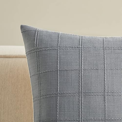ZeeMart Linen Checked Throw Pillow Covers Set of 2, 18x18 Inch Blue Ashes/Cream, Farmhouse Decorative Single Sided Grid Embroidered Couch Pillow Cases Blue Grey Cotton Linen Cushion Covers ZeeMart