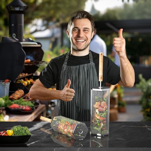 Ivtivfu Nesting Grill Baskets (2PCS, 2024), Removable Wooden Handle, 304 Stainless Steel, Rolling Grilling Net, BBQ Accessories Tools for Vegetables Shrimp, Outdoor Cooking Camping, Gifts for Men Dad Husband Ivtivfu