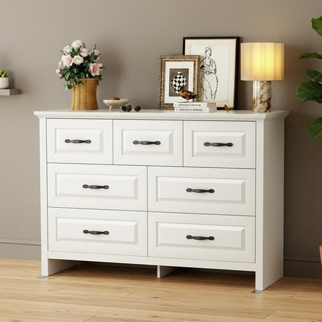 Marsail Farmhouse 7 Drawer Dresser, Wood Chest of Drawers with Natural Texture, Smooth Gliding Drawers, Versatile Storage Organizer Cabinet for Bedroom & Living Room, White Marsail