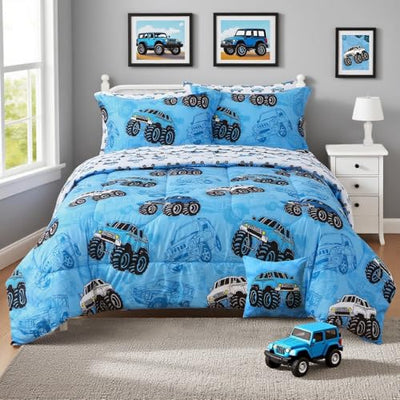 Mooreeke Kids Twin Comforter Sets for Boys 6 Pieces Truck Blue Bedding Set for Teens Soft Microfiber Kids Bed in A Bag with Comforter, Sheet Set, Shams and Decorative Toy Pillow All Season