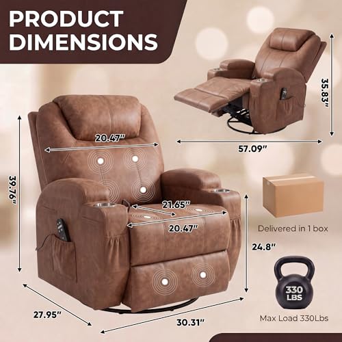 JUMMICO Small Swivel Rocker Recliner, 360 Rocking Chair Recliner with Massage, Upholstered Leathaire Rocker Recliner with Cup Holder for Living Room, Bedroom, Nursery (Dark Brown)
