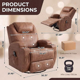 JUMMICO Small Swivel Rocker Recliner, 360 Rocking Chair Recliner with Massage, Upholstered Leathaire Rocker Recliner with Cup Holder for Living Room, Bedroom, Nursery (Dark Brown)