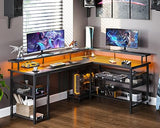 ODK L-Shaped Gaming Desk with LED Lights and Power Outlets - Reversible Design with Storage Shelves ODK