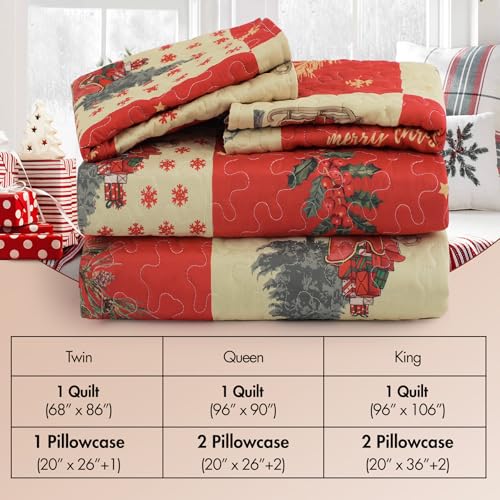 ROMROL Christmas Quilt Set King Size, Red Plaid Christmas Bedding Comforter Set Lightweight Patchwork Elks Quilted Coverlet Bedspread with 2 Pillow Shams（96 * 90”） ROMROL