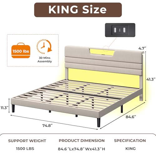 OURPIC King Size Bed Frames with Upholstered Headboard, Modern Platform Bed with Charging Station and Led Lights, Bed Frame with Sturdy Wooden Slats/No Box Spring Needed/2-Tier Storage, Beige OURPIC