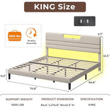 OURPIC King Size Bed Frames with Upholstered Headboard, Modern Platform Bed with Charging Station and Led Lights, Bed Frame with Sturdy Wooden Slats/No Box Spring Needed/2-Tier Storage, Beige OURPIC