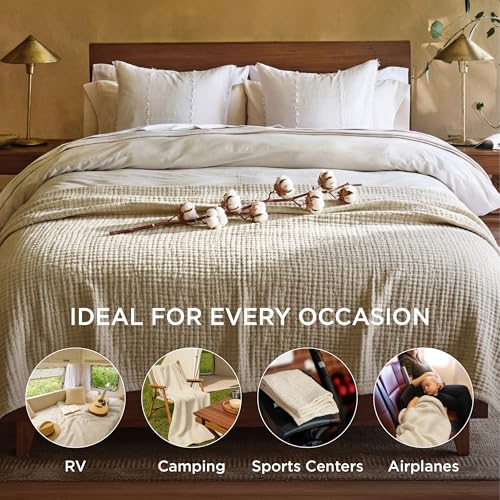 Bedsure 100% Cotton Muslin Blanket King Size for Bed - 4-Layer Breathable and Lightweight Thin Soft Summer Gauze Muslin Blanket for Adults, Linen Beige, 108x90 Inches Bedsure