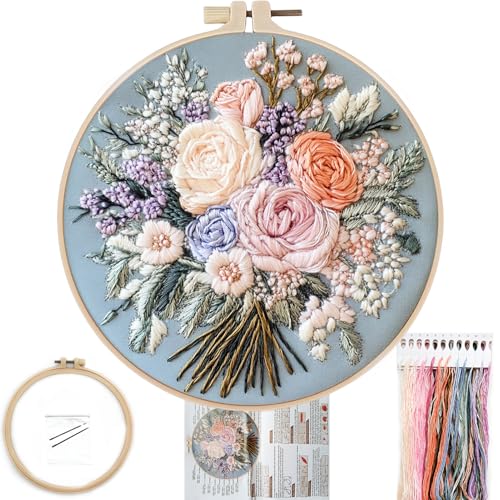 FONNUY Bouquet Flowers Embroidery Kit for Beginners, Pre-Stamped Pattern Kits for Adults with Hoop, Easy to Follow Color Thread Needlework, 8'' Hoop (Captivating Allure)